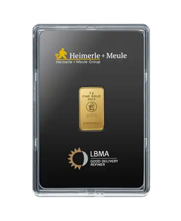 parte delantera del lingote de 5 Gramos de HEIMERLE Y MEULE de oro puro 24K a la venta disponible en VIRTU LUXURY