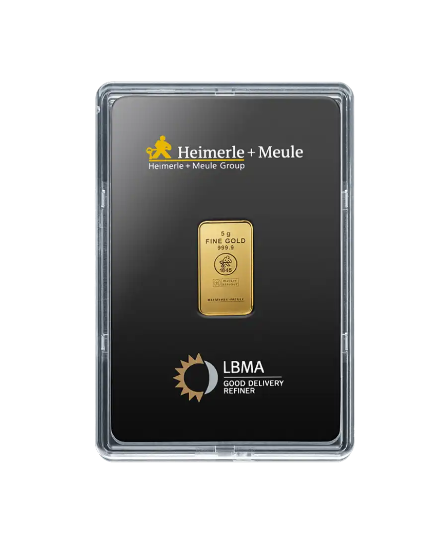 parte delantera del lingote de 5 Gramos de HEIMERLE Y MEULE de oro puro 24K a la venta disponible en VIRTU LUXURY parte delantera del lingote de 5 Gramos de HEIMERLE Y MEULE de oro puro 24K a la venta disponible en VIRTU LUXURY