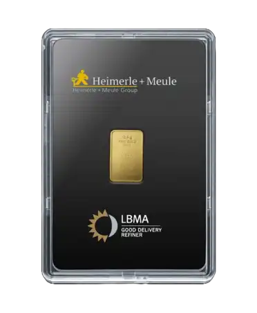 anverso del lingote de 2,5 gramos de HEIMERLE ET MEULE de oro reciclado puro de 24K a la venta disponible en VIRTU LUXURY