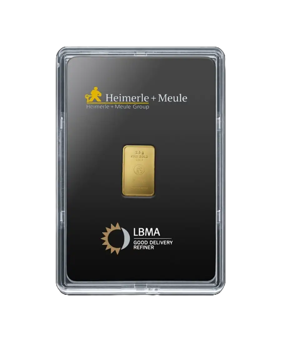 anverso del lingote de 2,5 gramos de HEIMERLE ET MEULE de oro reciclado puro de 24K a la venta disponible en VIRTU LUXURY