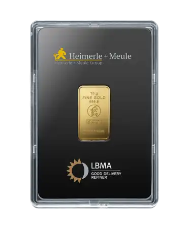 anverso del lingote acuñado de 10 gramos de HEIMERLE + MEULE de oro puro de 24K a la venta disponible en VIRTU LUXURY