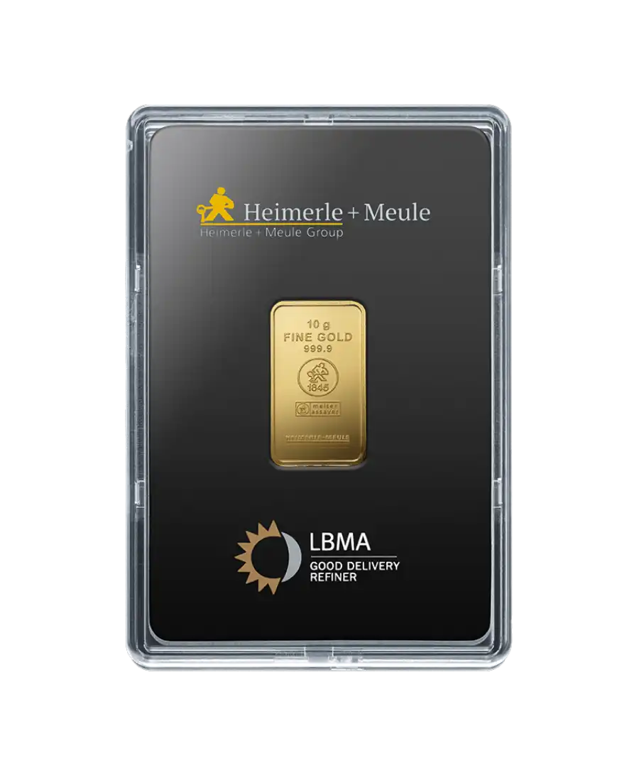 anverso del lingote acuñado de 10 gramos de HEIMERLE + MEULE de oro puro de 24K a la venta disponible en VIRTU LUXURY