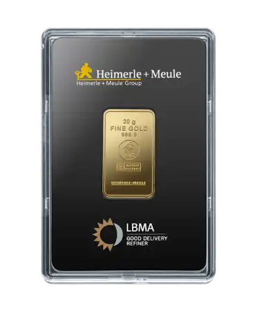 anverso del lingote de 20 Gramos de HEIMERLE + MEULE de oro puro 24K a la venta disponible en VIRTU LUXURY