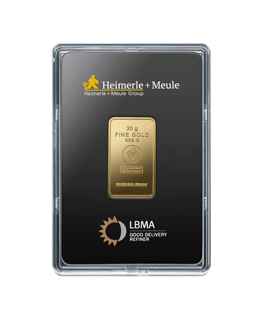 anverso del lingote de 20 Gramos de HEIMERLE + MEULE de oro puro 24K a la venta disponible en VIRTU LUXURY