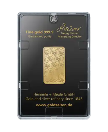 reverso del pequeño lingote de 20 Gramos de HEIMERLE + MEULE de oro reciclado puro 24K a la venta disponible en VIRTU LUXURY