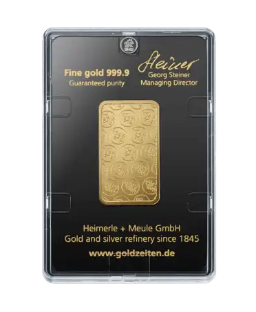 arrière du lingotin une once de HEIMERLE + MEULE d'or pur 24K recyclé en vente disponible chez VIRTU LUXURY