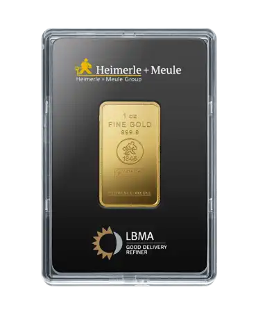 anverso del lingote de 1 onza de HEIMERLE + MEULE de oro puro de 24K reciclado a la venta disponible en VIRTU LUXURY
