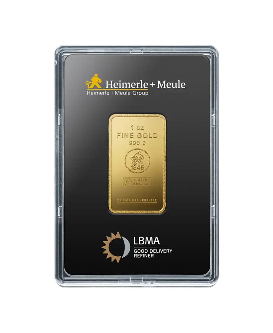 anverso del lingote de 1 onza de HEIMERLE + MEULE de oro puro de 24K reciclado a la venta disponible en VIRTU LUXURY