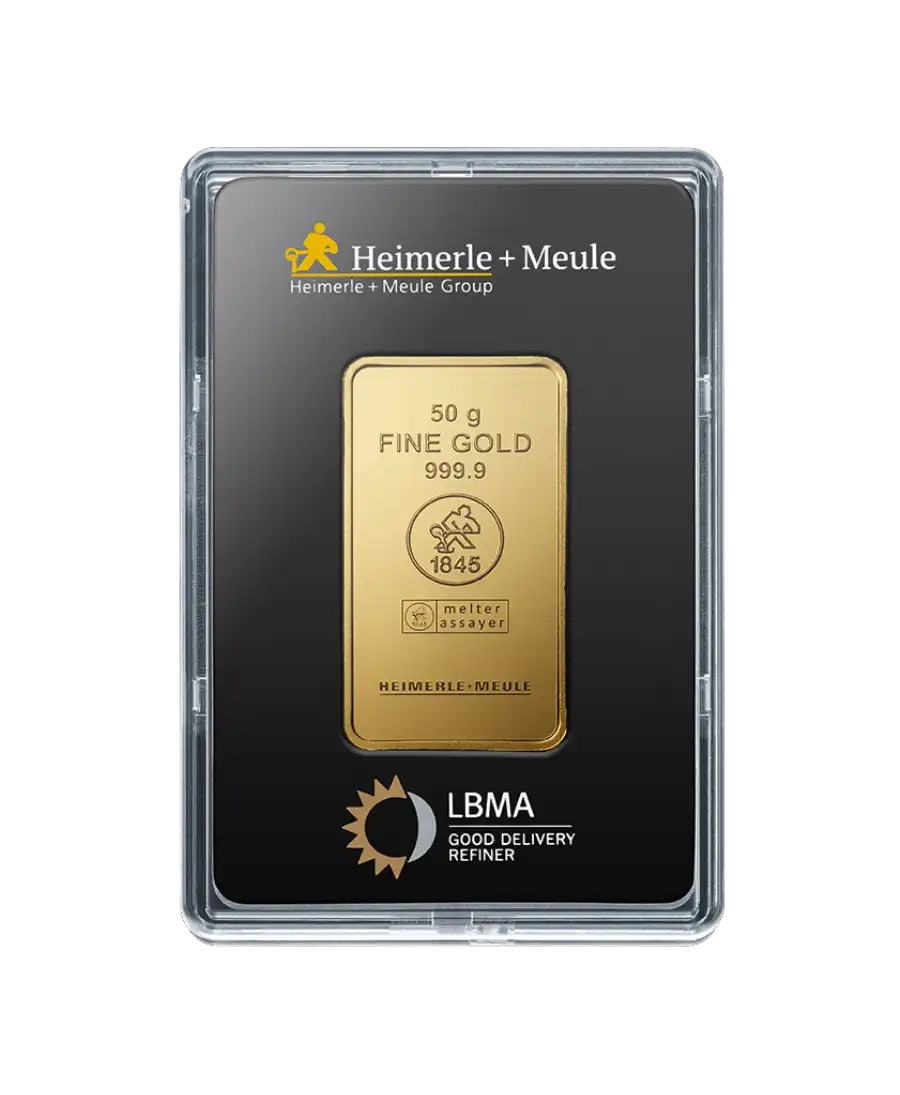 avant du lingot de 50 Grammes de HEIMERLE + MEULE d'or pur 24K en vente disponible chez VIRTU LUXURY avant du lingot de 50 Grammes de HEIMERLE + MEULE d'or pur 24K en vente disponible chez VIRTU LUXURY