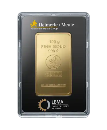 parte delantera del lingote pequeño de 100 Gramos de HEIMERLE + MEULE de oro puro 24K reciclado a la venta disponible en VIRTU LUXURY