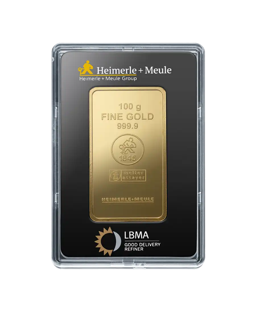 parte delantera del lingote pequeño de 100 Gramos de HEIMERLE + MEULE de oro puro 24K reciclado a la venta disponible en VIRTU LUXURY