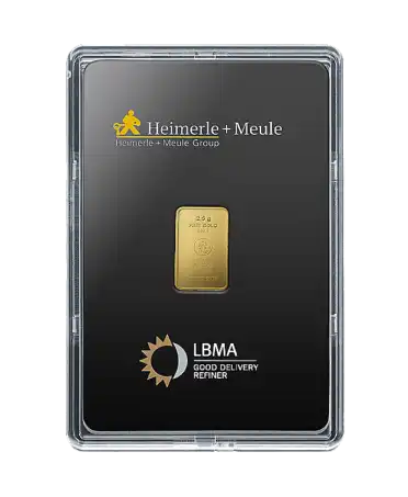 anverso del lingote de 1 Gramo de HEIMERLE + MEULE de oro puro 24K reciclado a la venta disponible en VIRTU LUXURY