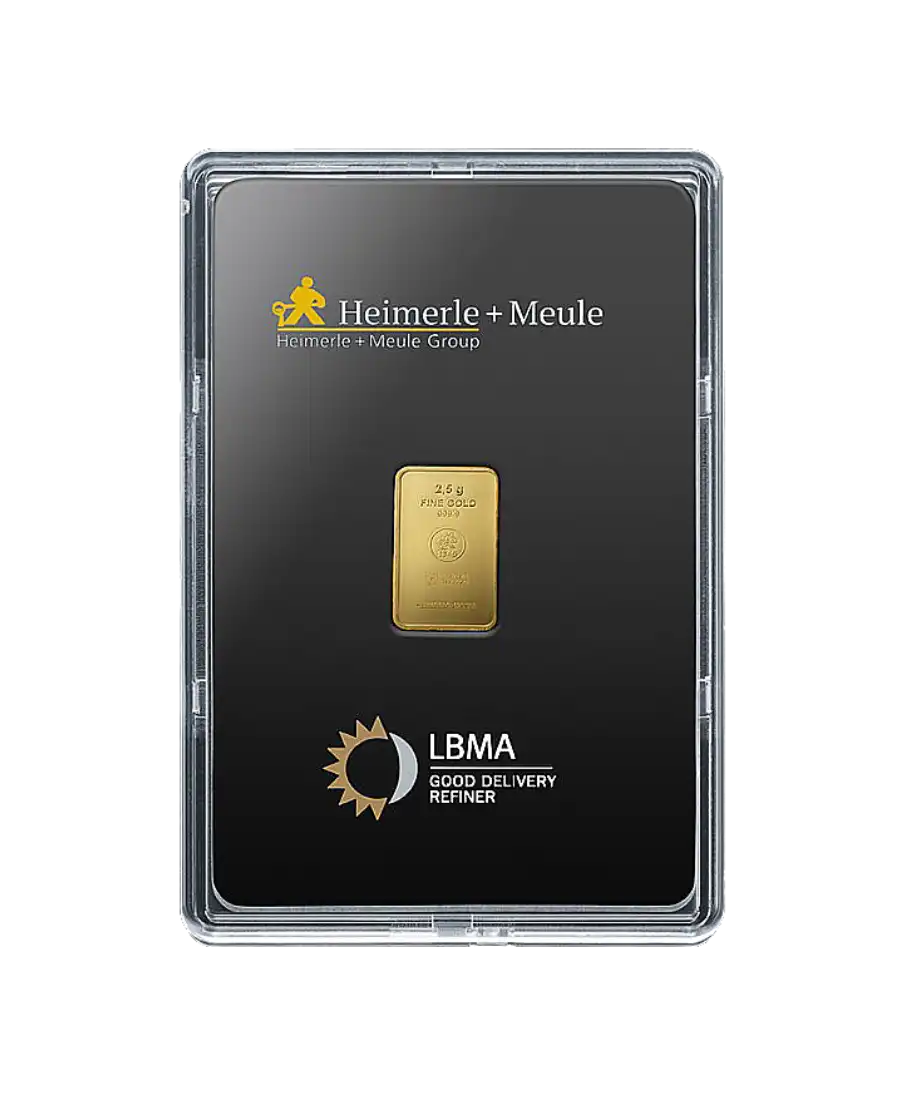 anverso del lingote de 1 Gramo de HEIMERLE + MEULE de oro puro 24K reciclado a la venta disponible en VIRTU LUXURY