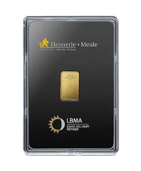 anverso del lingote de 1 Gramo de HEIMERLE + MEULE de oro puro 24K reciclado a la venta disponible en VIRTU LUXURY