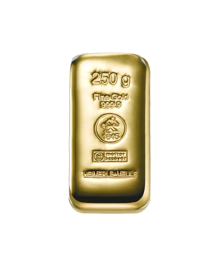 lingot coulé HEIMERLE ET MEULE de 250 Grammes d'or pur 24K disponible chez VIRTU LUXURY