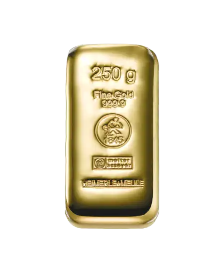 lingot coulé HEIMERLE ET MEULE de 250 Grammes d'or pur 24K disponible chez VIRTU LUXURY