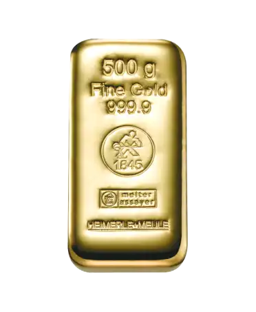 lingote fundido HEIMERLE ET MEULE fundido de 500 gramos de oro puro de 24K reciclado en VIRTU LUXURY