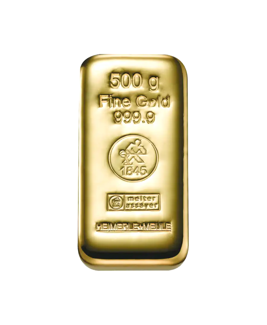 lingote fundido HEIMERLE ET MEULE fundido de 500 gramos de oro puro de 24K reciclado en VIRTU LUXURY