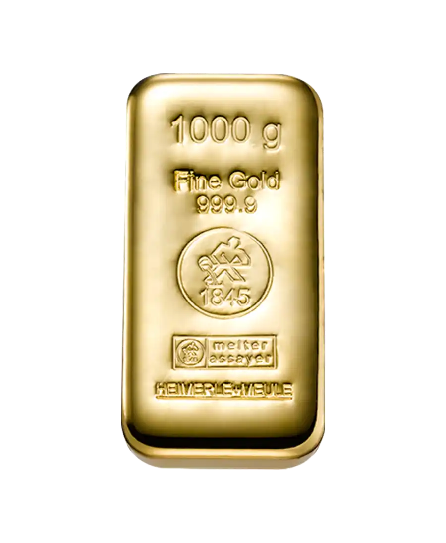 Lingote de ORO fundido de 1 kg HEIMERLE ET MEULE de oro puro de 24K reciclado disponible a la venta en VIRTU LUXURY