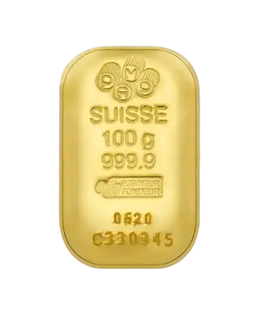 avant du lingot 100 Grammes de PAMP d'or pur 24K recyclé en vente disponible chez VIRTU LUXURY