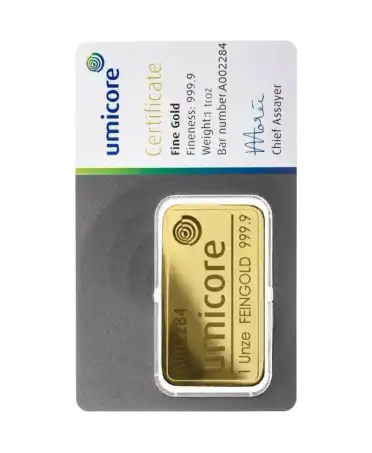 anverso del lingote acuñado de una onza de UMICORE de oro puro de 24K reciclado a la venta disponible en VIRTU LUXURY