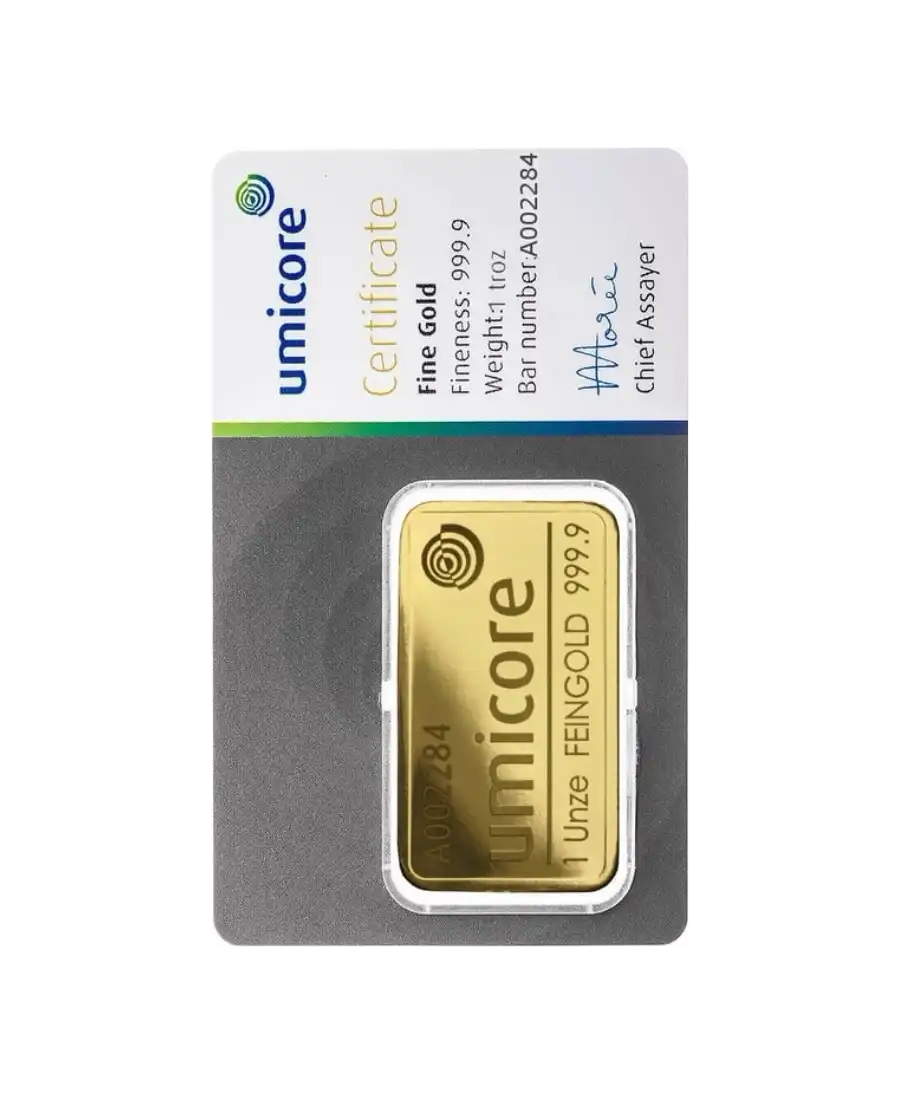 anverso del lingote acuñado de una onza de UMICORE de oro puro de 24K reciclado a la venta disponible en VIRTU LUXURY anverso del lingote acuñado de una onza de UMICORE de oro puro de 24K reciclado a la venta disponible en VIRTU LUXURY