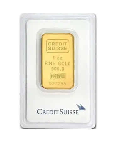 anverso del lingote acuñado de 1 Onza de Credit Suisse de oro puro 24K reciclado en venta disponible en VIRTU LUXURY