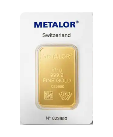 anverso del lingote acuñado de 50 gramos de oro puro de 24K de METALOR a la venta disponible en VIRTU LUXURY