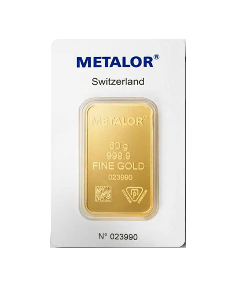 anverso del lingote acuñado de 50 gramos de oro puro de 24K de METALOR a la venta disponible en VIRTU LUXURY anverso del lingote acuñado de 50 gramos de oro puro de 24K de METALOR a la venta disponible en VIRTU LUXURY
