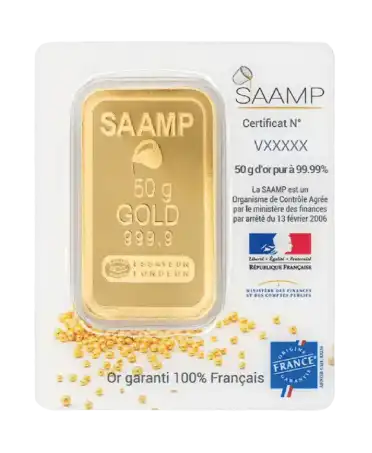 anverso del lingote de 50 Gramos de oro SAAMP puro 24K a la venta disponible en VIRTU LUXURY