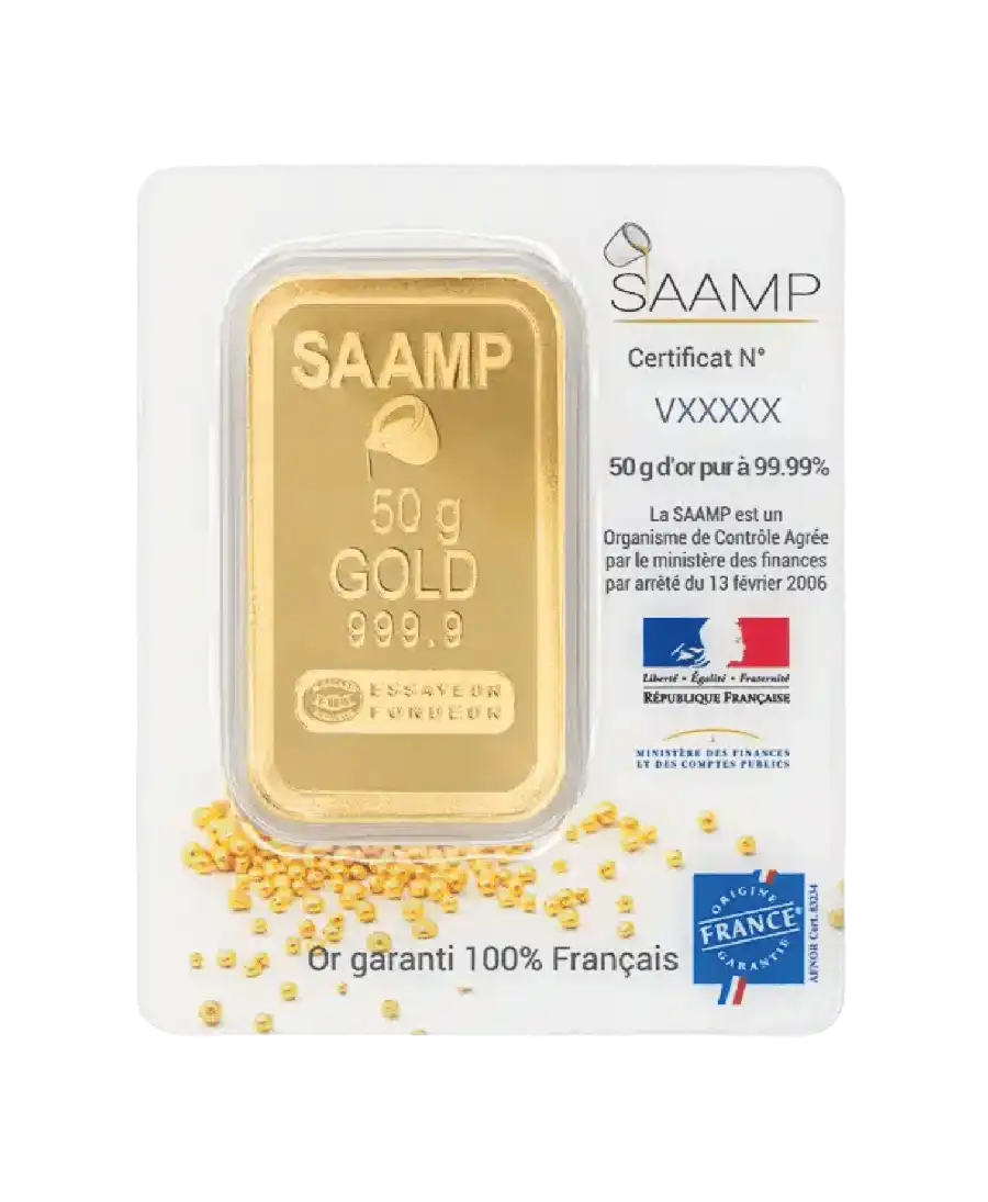 anverso del lingote de 50 Gramos de oro SAAMP puro 24K a la venta disponible en VIRTU LUXURY