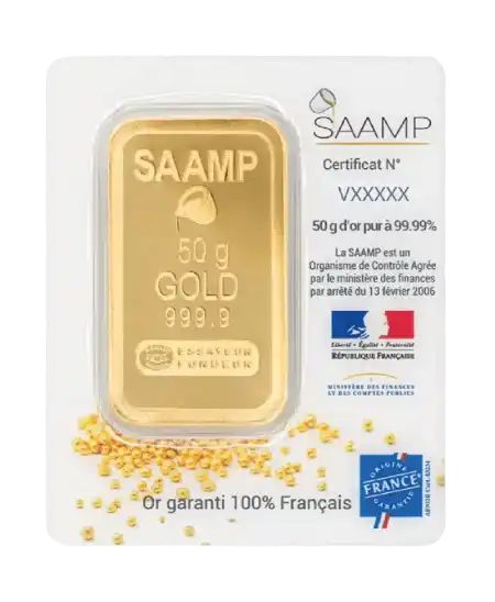 anverso del lingote de 50 Gramos de oro SAAMP puro 24K a la venta disponible en VIRTU LUXURY